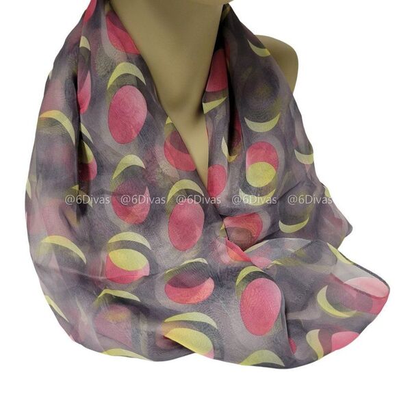 Soft Lightweight Grey Rectangular Scarf With Pink And Yellow Crescents - Picture 2 of 4